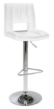 Moderner weißer Barhocker mit verchromtem Gestell, seitliche Perspektive