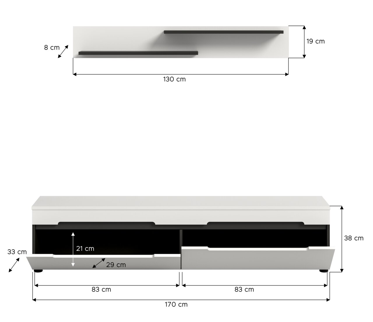 Modernes TV-Lowboard in Weiß mit zwei Schubladen und schwarzen Innenfächern, Maßgrafik mit Abmessungen (B ca. 170 cm, H ca. 38 cm, T ca. 33 cm) sowie zwei Wandregalen (L ca. 130 cm), Frontansicht und Draufsicht.