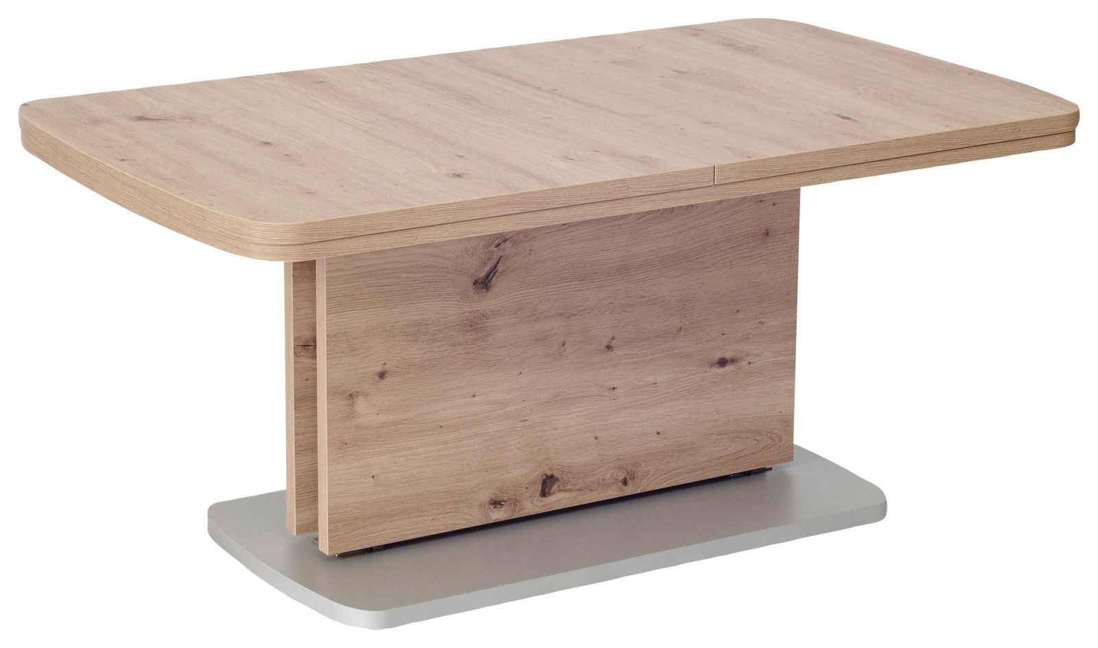 Moderner Couchtisch aus hellem Holz mit rechteckiger Tischplatte und stabiler Basis, seitliche Perspektive