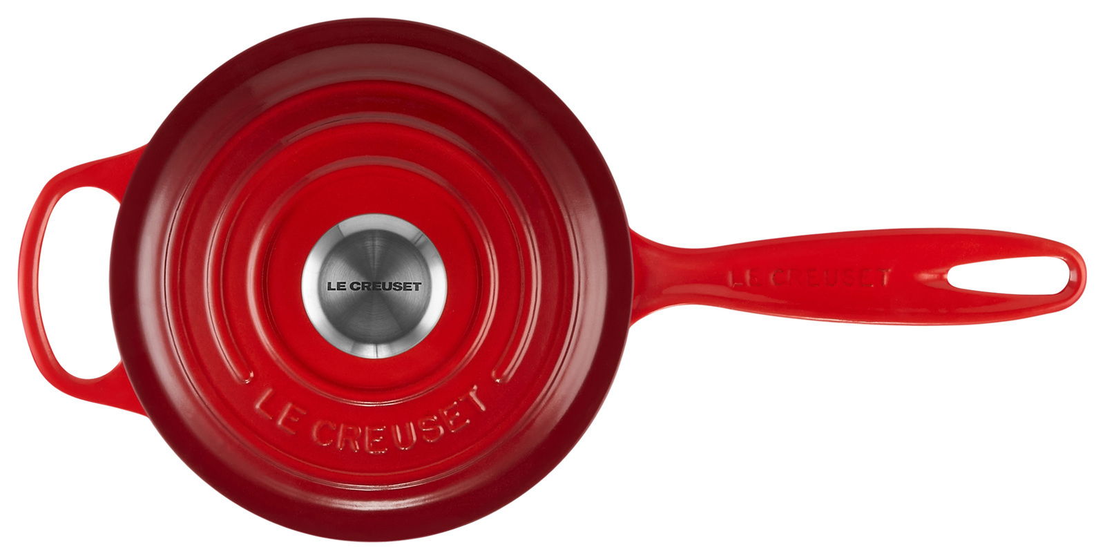 Rote Stielkasserolle von oben mit markantem Griff und Deckel, Marke Le Creuset
