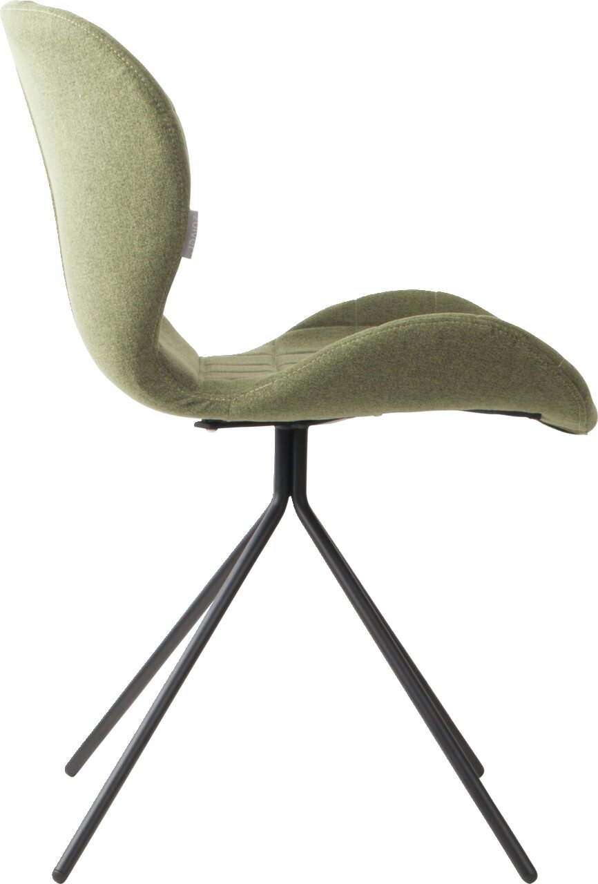 Moderner grüner Stuhl mit schwarzem Metallgestell, Seitenansicht