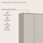 Infografik „Robuste Oberfläche“: melaminharzbeschichteter, hellgrauer Schrank mit kratzfester Oberfläche, stoßfester Kante, wasserabweisend und leicht zu reinigen, gezeigt in schräger Frontansicht von links oben