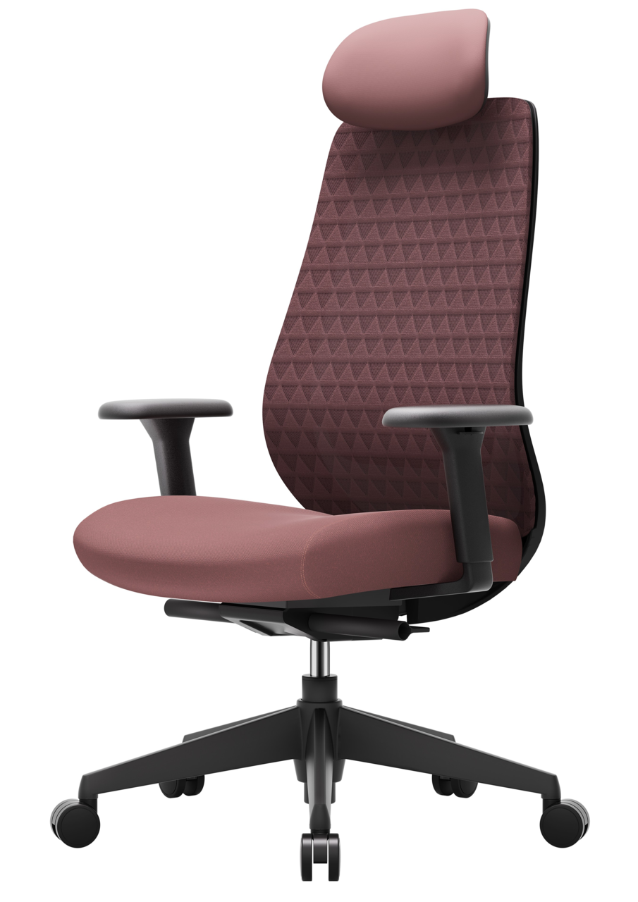 Moderner Drehstuhl mit ergonomischer Rückenlehne und Kopfstütze, seitliche Perspektive