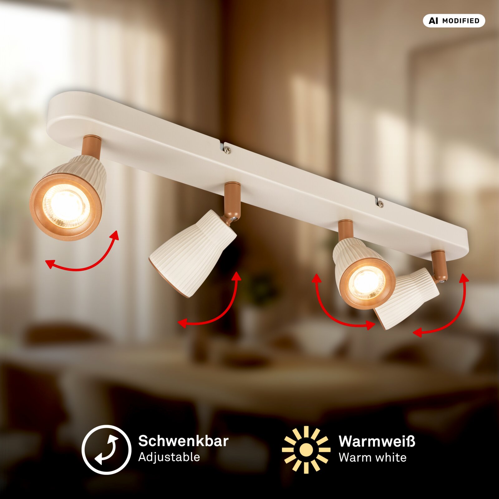 Schwenkbare 4-flammige Deckenleuchte/Spotleiste in Weiß mit kupferfarbenen Akzenten und warmweiß leuchtenden Spots, perspektivisch von unten im schrägen Winkel aufgenommen.