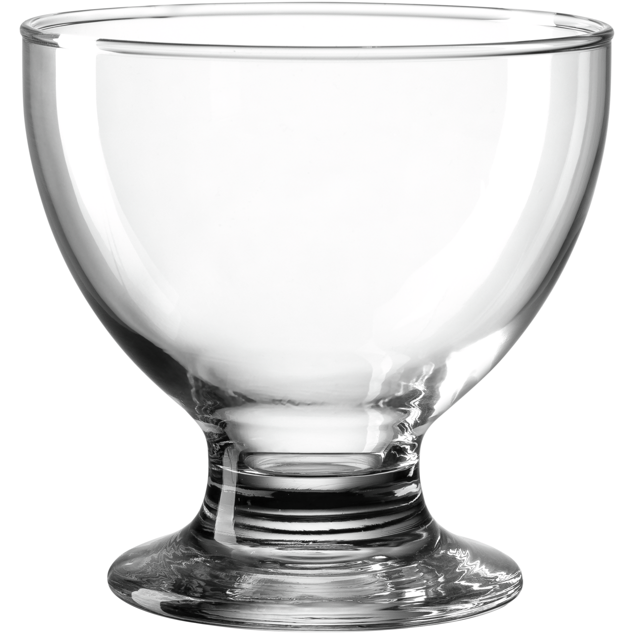 Transparente Dessertschale aus Glas mit breitem Fuß, seitliche Perspektive
