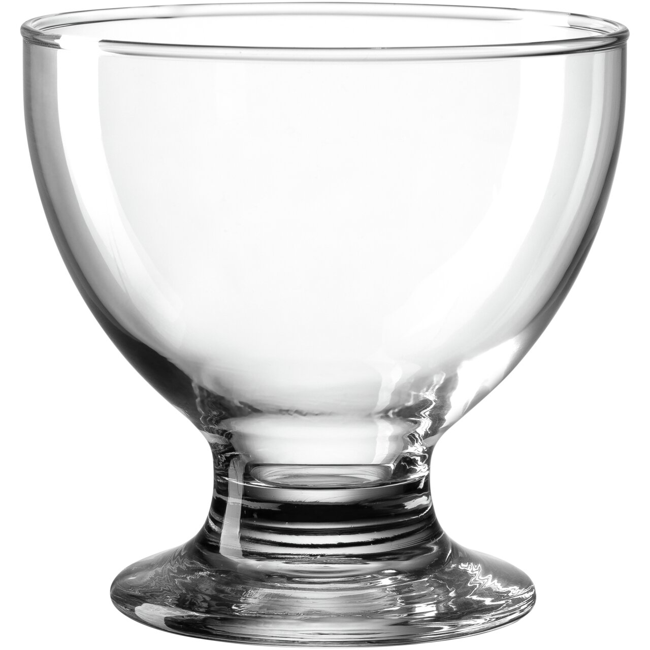 Transparente Dessertschale aus Glas mit breitem Fuß, seitliche Perspektive