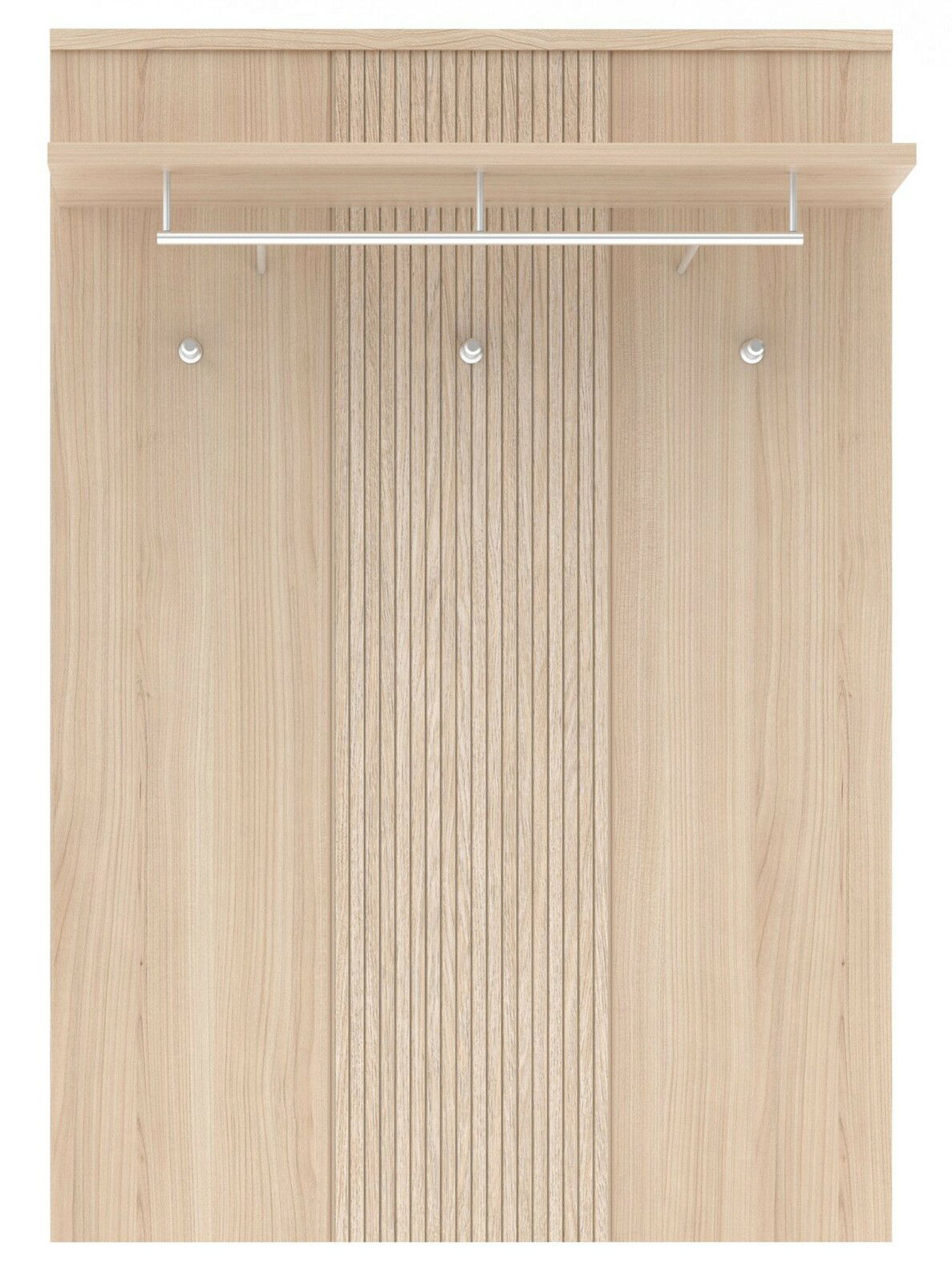Garderobenpaneel aus hellem Holz mit vertikalen Rillen, zwei Haken und einer Ablage, Frontalansicht