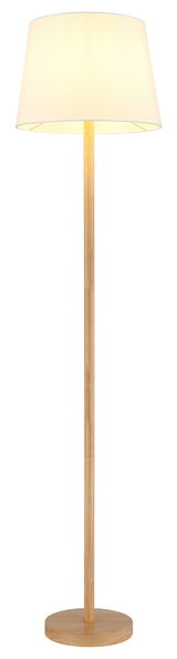 Stehleuchte mit Holzfuß und weißem Lampenschirm, frontal betrachtet.