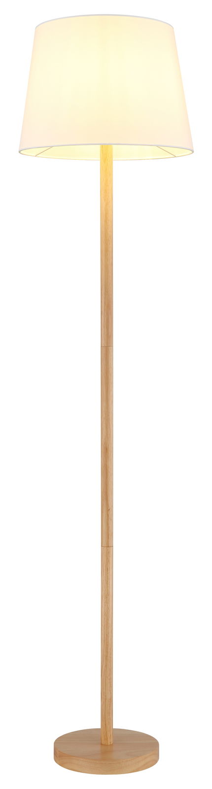 Stehleuchte mit Holzfuß und weißem Lampenschirm, frontal betrachtet.