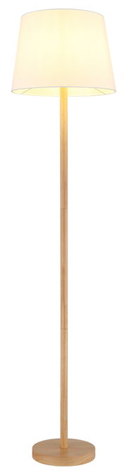 Stehleuchte mit Holzfuß und weißem Lampenschirm, frontal betrachtet.