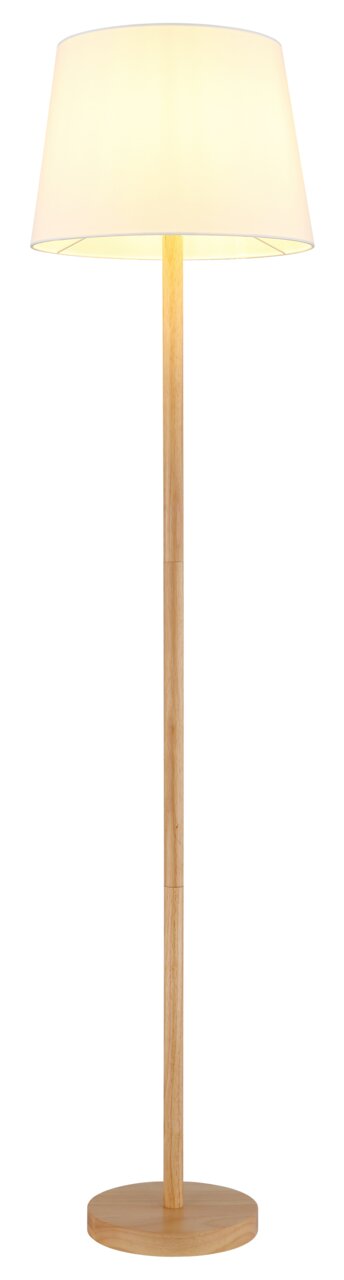 Stehleuchte mit Holzfuß und weißem Lampenschirm, frontal betrachtet.