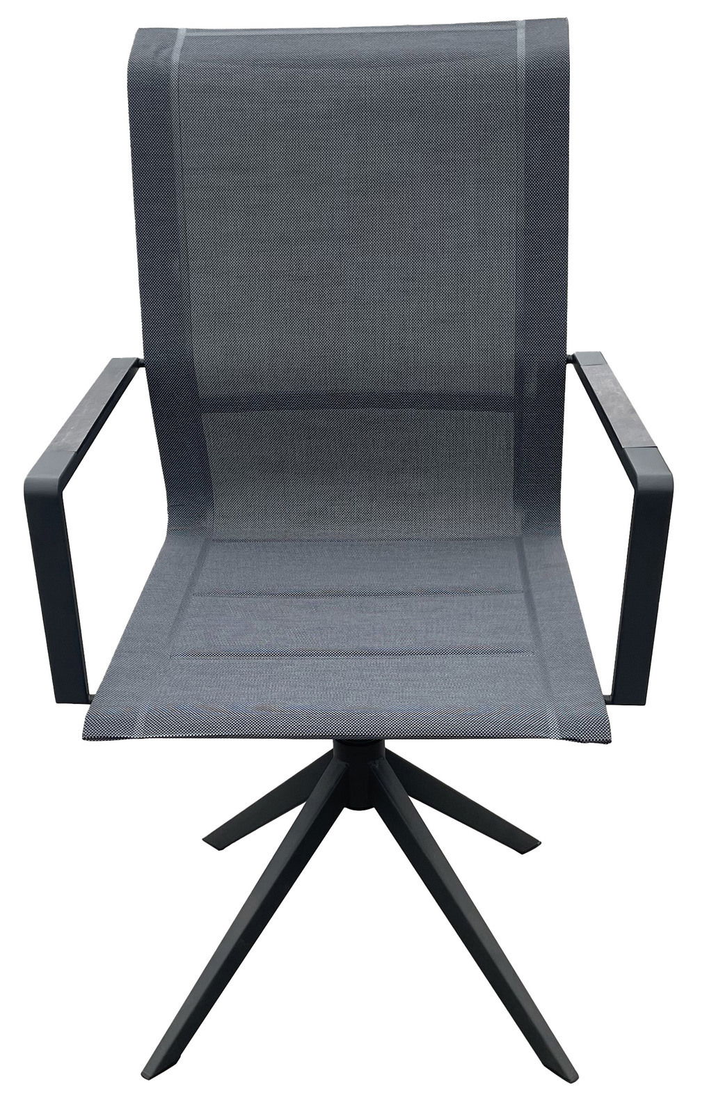 Moderner Gartensessel mit schwarzem Metallgestell und Netzbespannung, Frontalansicht