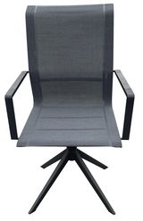 Moderner Gartensessel mit schwarzem Metallgestell und Netzbespannung, Frontalansicht