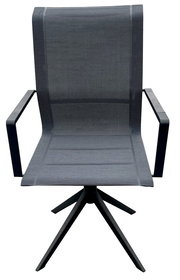 Moderner Gartensessel mit schwarzem Metallgestell und Netzbespannung, Frontalansicht