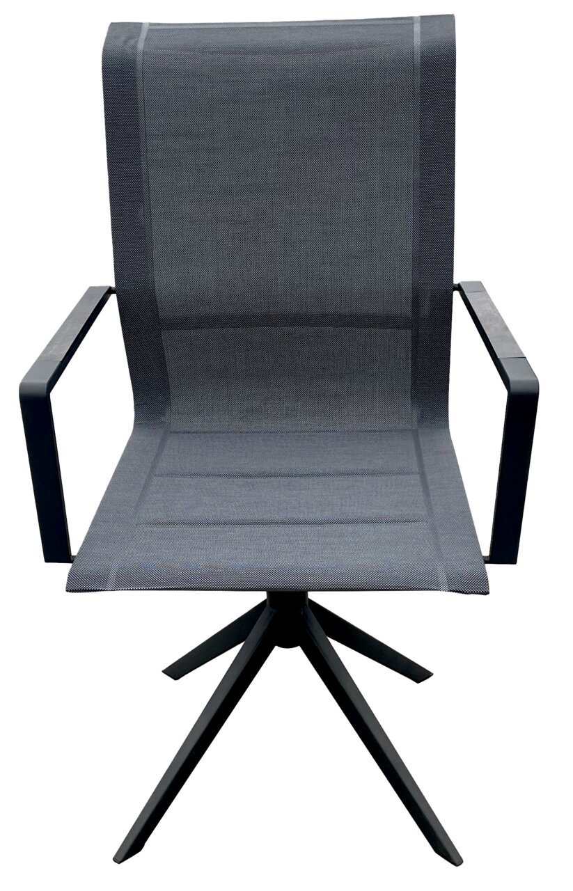 Moderner Gartensessel mit schwarzem Metallgestell und Netzbespannung, Frontalansicht