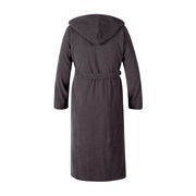 Rückansicht eines grauen Kapuzenbademantels in Größe M mit Gürtel.