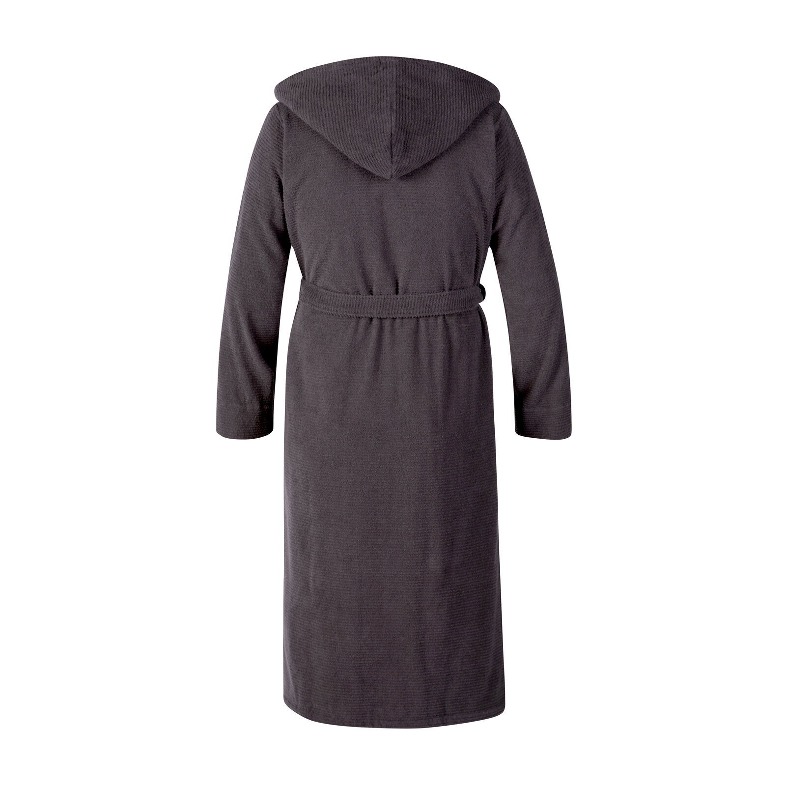 Rückansicht eines grauen Kapuzenbademantels in Größe M mit Gürtel.