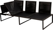 Schwarzes Outdoor-Sonnenliegen-Set aus Metall mit verstellbarer Rückenlehne und mehreren Sichtschutz-/Rückwandpaneelen, schräg von vorne (3/4-Perspektive) freigestellt auf weißem Hintergrund