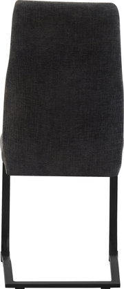 Dunkelgrauer, gepolsterter Esszimmerstuhl mit Stoffbezug und schwarzem Freischwinger-Metallgestell, Rückansicht