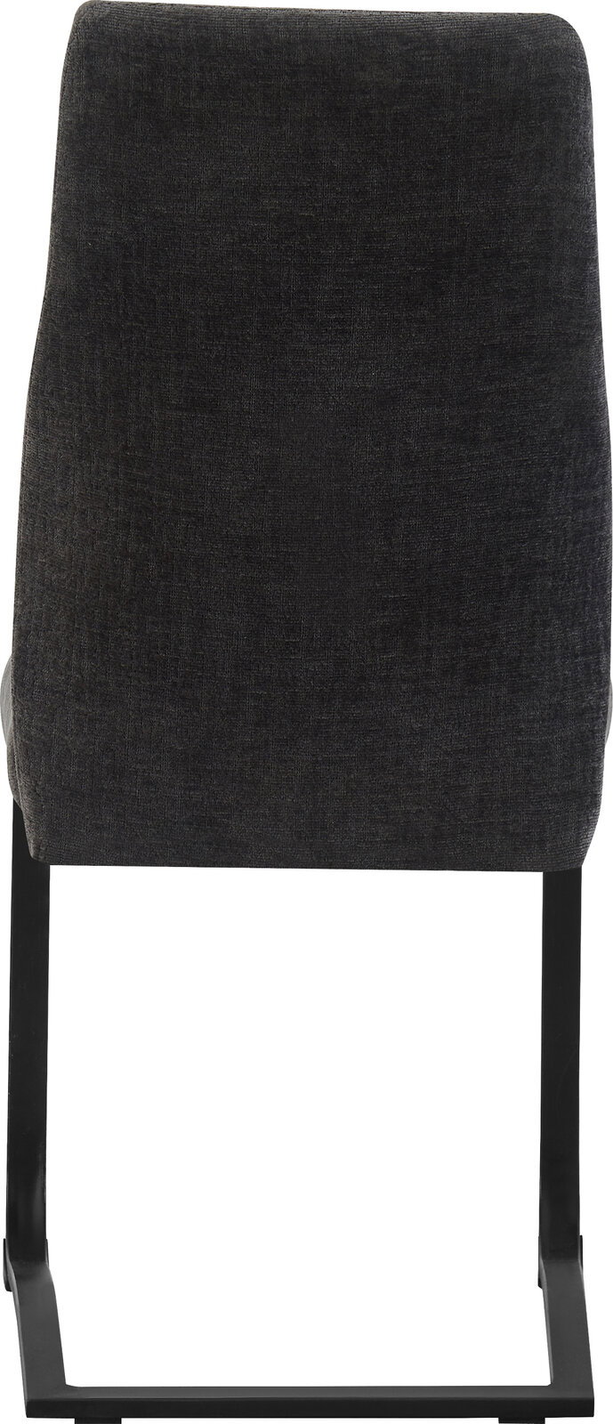 Dunkelgrauer, gepolsterter Esszimmerstuhl mit Stoffbezug und schwarzem Freischwinger-Metallgestell, Rückansicht