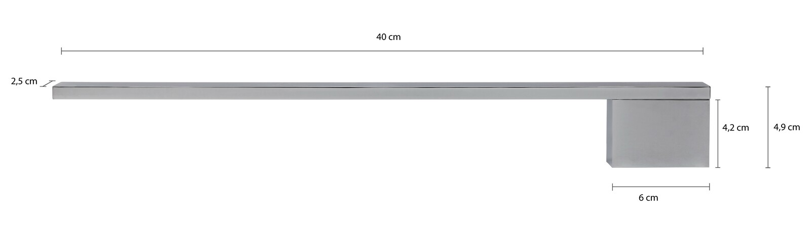 Moderner Handtuchhalter aus Edelstahl in seitlicher Ansicht mit den Maßen 40 cm Länge, 2,5 cm Breite, 6 cm Tiefe und 4,9 cm Höhe.