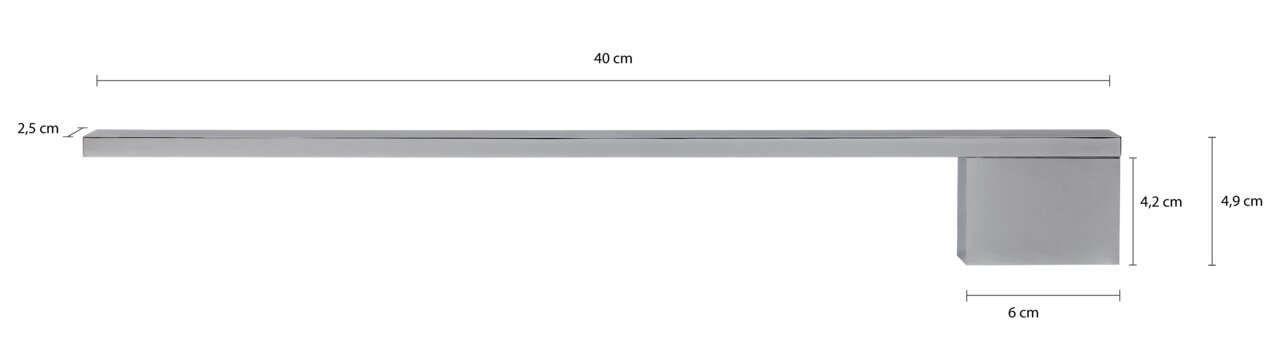 Moderner Handtuchhalter aus Edelstahl in seitlicher Ansicht mit den Maßen 40 cm Länge, 2,5 cm Breite, 6 cm Tiefe und 4,9 cm Höhe.