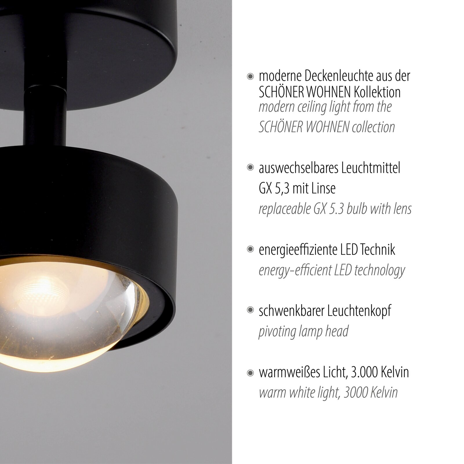 Moderne schwarze Deckenleuchte aus der SCHÖNER WOHNEN Kollektion mit schwenkbarem Leuchtenkopf und warmweißem Licht (3000 K), Nahaufnahme aus seitlicher Perspektive leicht von unten