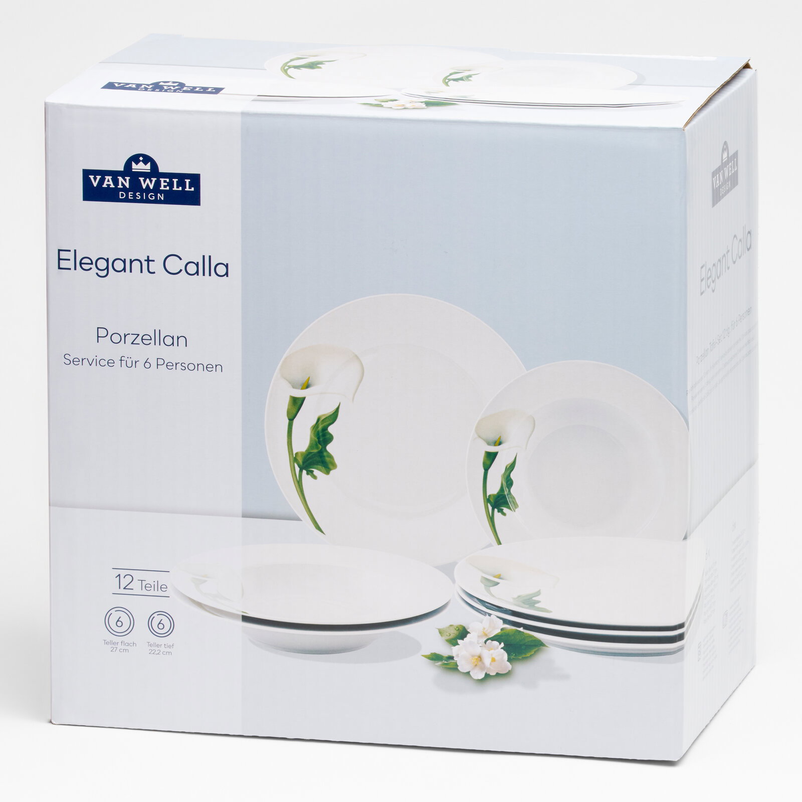 Produktverpackung des Van Well Design Porzellan-Services „Elegant Calla“ für 6 Personen (12 Teile) mit Calla-Motiv, schräg von vorn links fotografiert.