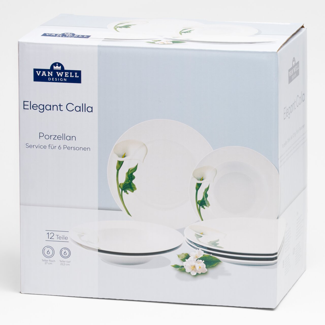 Produktverpackung des Van Well Design Porzellan-Services „Elegant Calla“ für 6 Personen (12 Teile) mit Calla-Motiv, schräg von vorn links fotografiert.