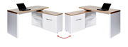 Moderner Eck-Schreibtisch mit weißem Korpus und Holzoberfläche, aus zwei Perspektiven gezeigt.