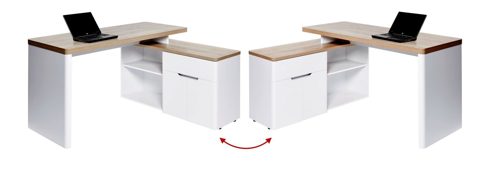 Moderner Eck-Schreibtisch mit weißem Korpus und Holzoberfläche, aus zwei Perspektiven gezeigt.