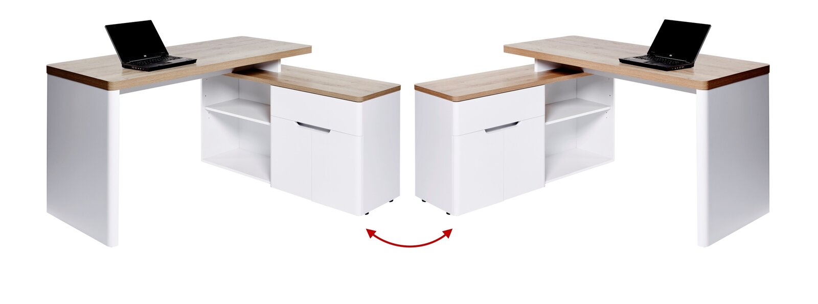 Moderner Eck-Schreibtisch mit weißem Korpus und Holzoberfläche, aus zwei Perspektiven gezeigt.
