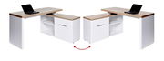 Moderner Eck-Schreibtisch mit weißem Korpus und Holzoberfläche, aus zwei Perspektiven gezeigt.