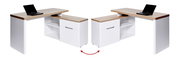 Moderner Eck-Schreibtisch mit weißem Korpus und Holzoberfläche, aus zwei Perspektiven gezeigt.
