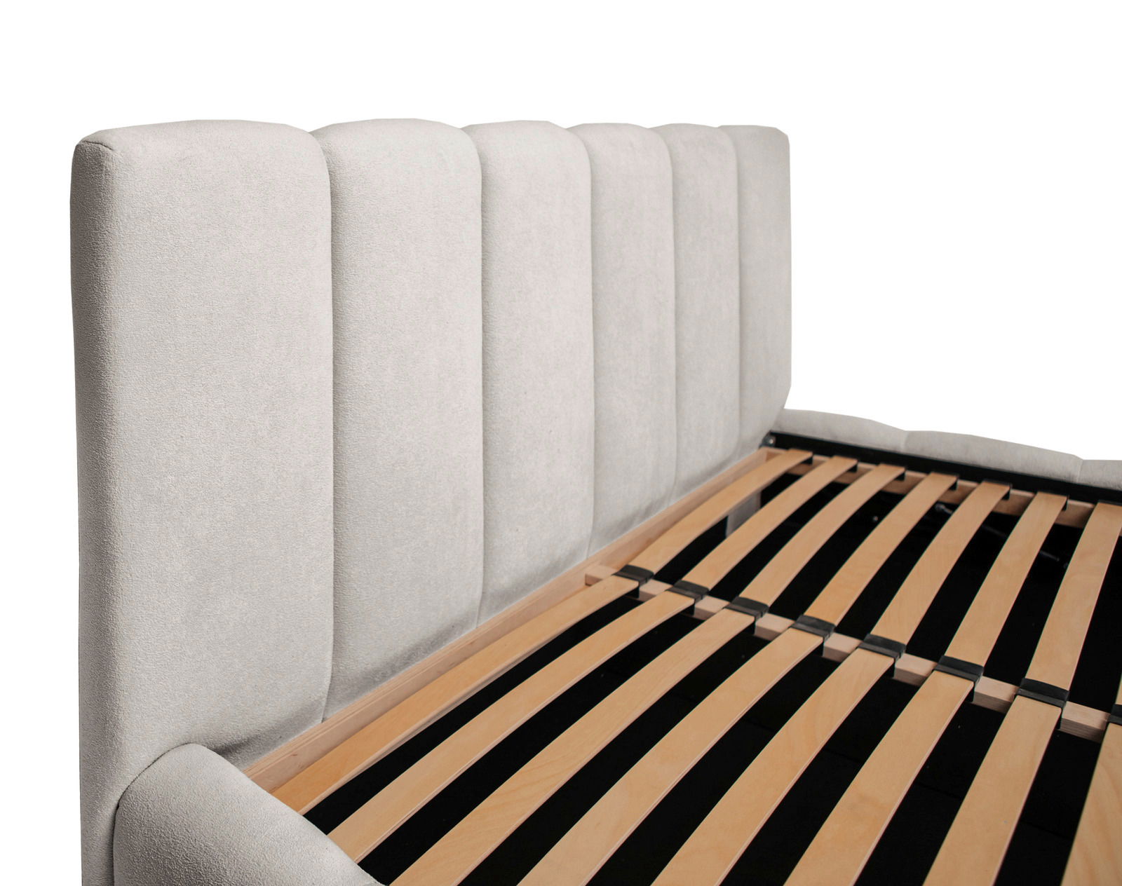 Polsterbettgestell mit gepolstertem Kopfteil und Lattenrost, seitliche Perspektive