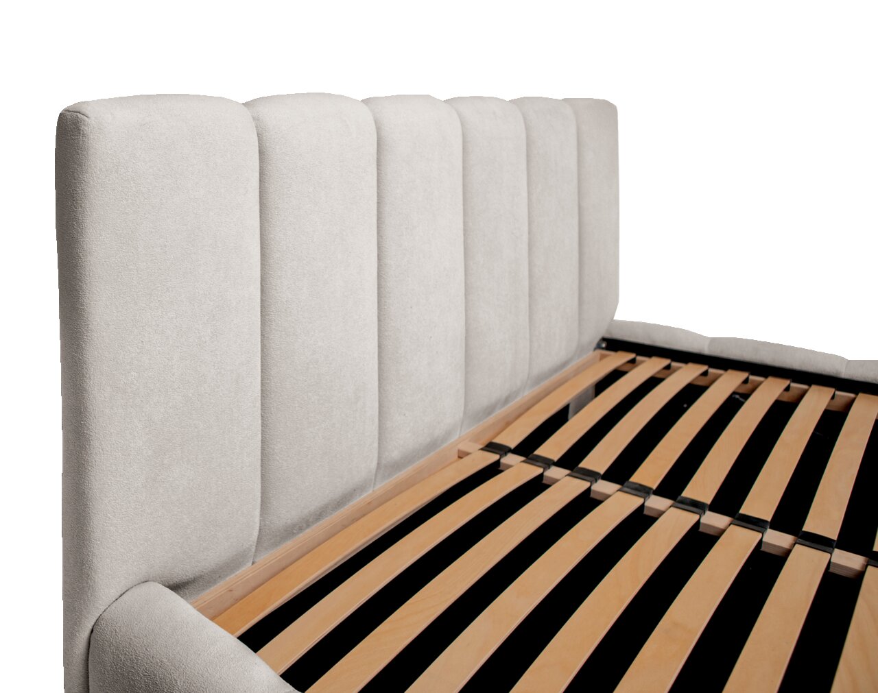 Polsterbettgestell mit gepolstertem Kopfteil und Lattenrost, seitliche Perspektive