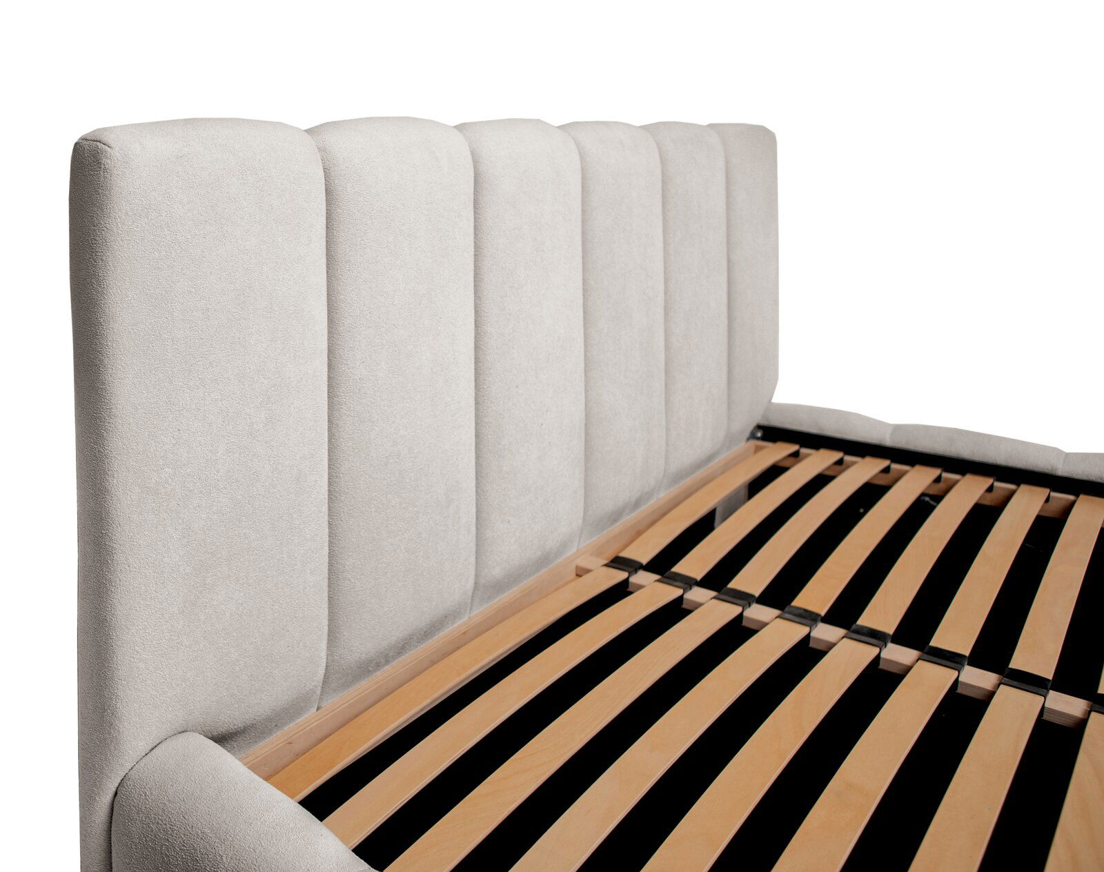 Polsterbettgestell mit gepolstertem Kopfteil und Lattenrost, seitliche Perspektive