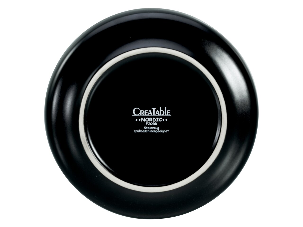 Rückansicht eines schwarzen Tellers mit der Aufschrift 'Creatable Nordic', geeignet für die Spülmaschine.