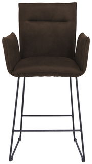 Barsessel in dunklem Braun mit Armlehnen und schwarzem Metallgestell, Frontalansicht