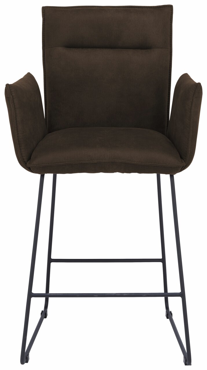 Barsessel in dunklem Braun mit Armlehnen und schwarzem Metallgestell, Frontalansicht