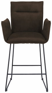 Barsessel in dunklem Braun mit Armlehnen und schwarzem Metallgestell, Frontalansicht