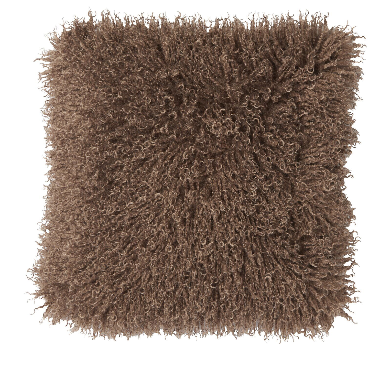 Braunes, flauschiges Kissen mit lockiger Textur, Ansicht von oben