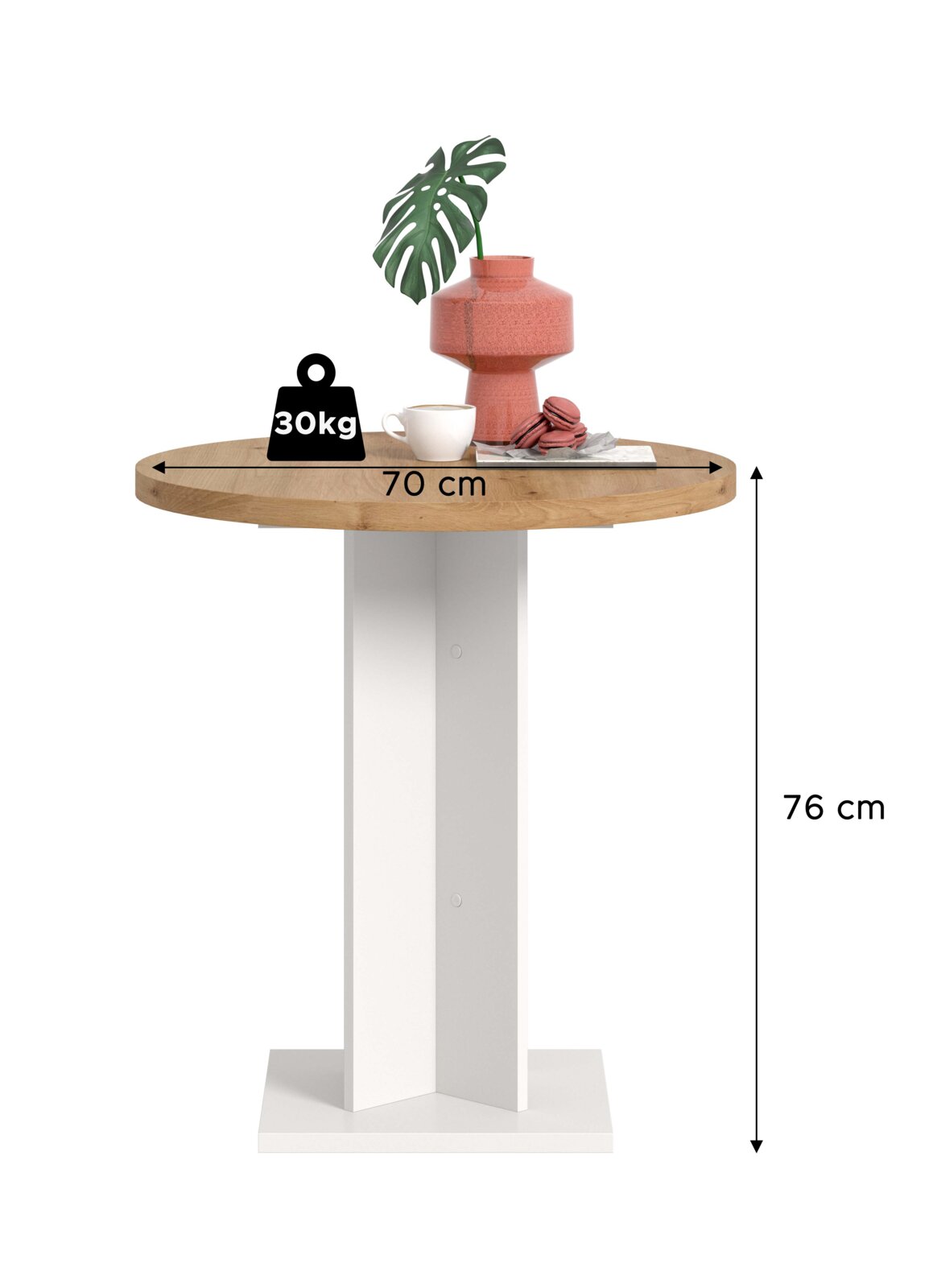 Runder Stehtisch mit Holzplatte (Ø 70 cm) und weißem Metallgestell, Höhe 76 cm, belastbar bis 30 kg; Frontansicht auf weißem Hintergrund mit Deko auf der Tischplatte.