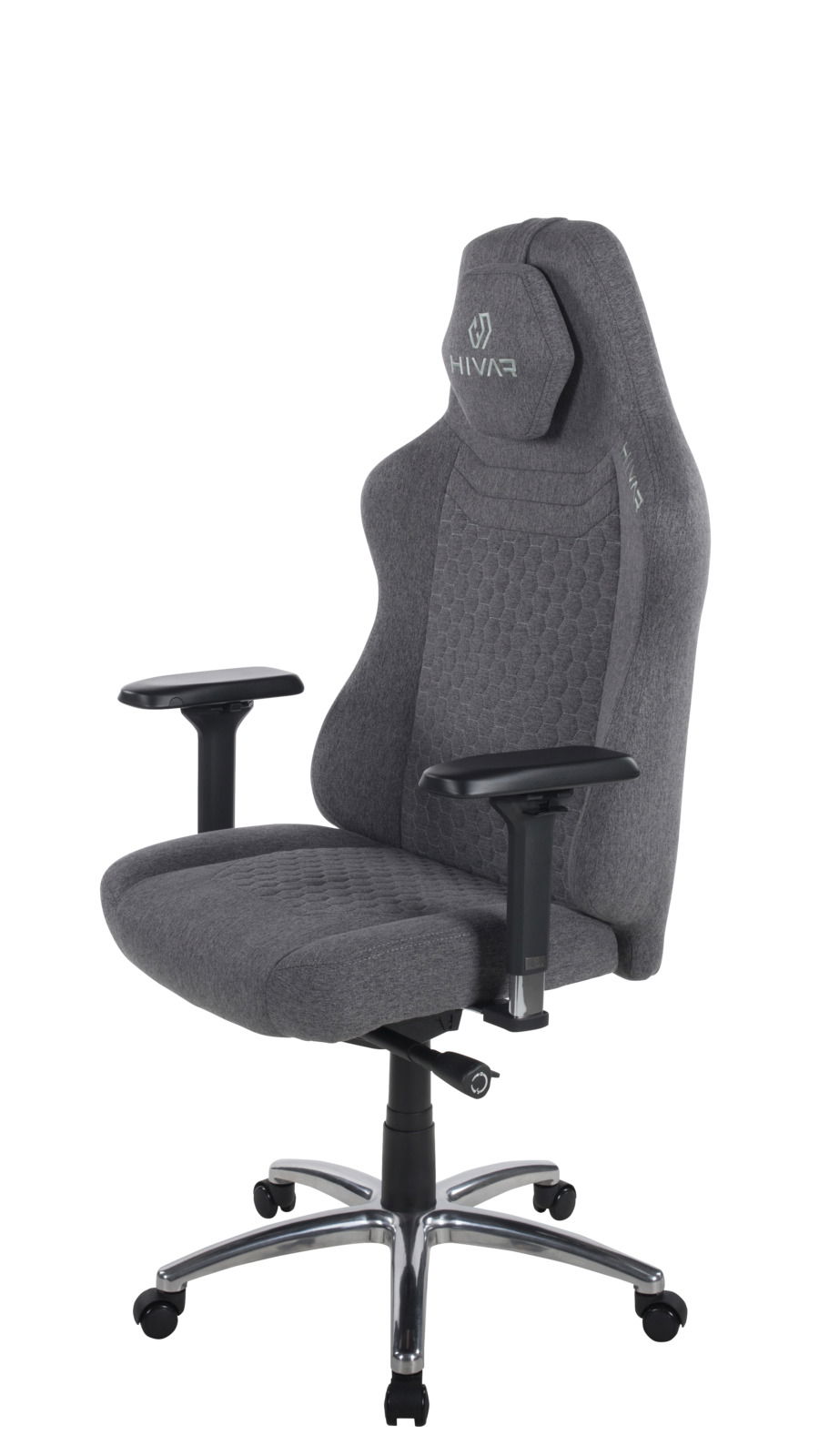 Grauer Gaming-Stuhl mit ergonomischem Design, verstellbaren Armlehnen und stabiler Metallbasis, seitliche Perspektive