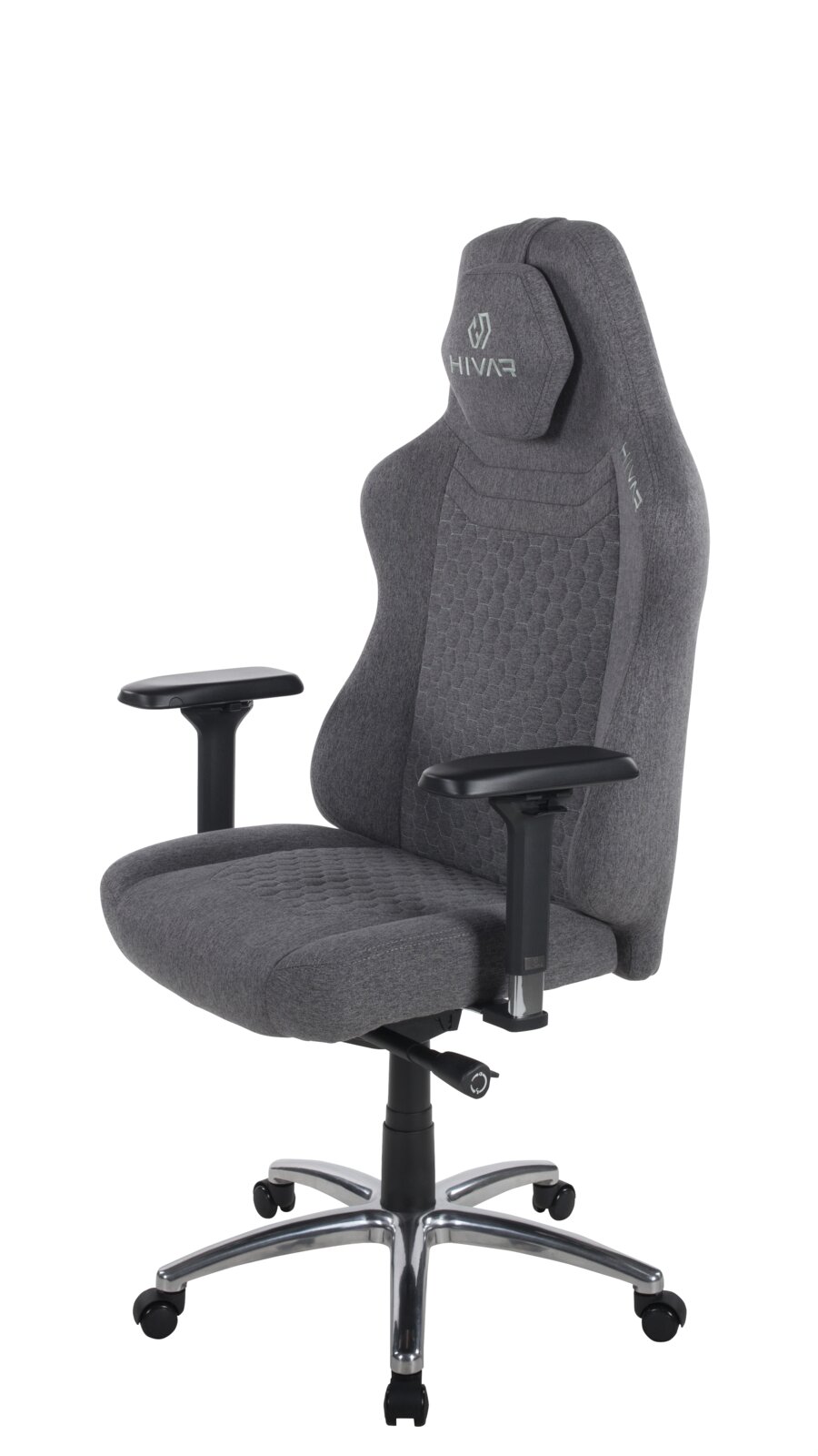 Grauer Gaming-Stuhl mit ergonomischem Design, verstellbaren Armlehnen und stabiler Metallbasis, seitliche Perspektive