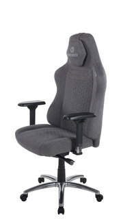 Grauer Gaming-Stuhl mit ergonomischem Design, verstellbaren Armlehnen und stabiler Metallbasis, seitliche Perspektive