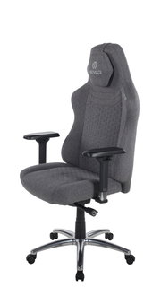 Grauer Gaming-Stuhl mit ergonomischem Design, verstellbaren Armlehnen und stabiler Metallbasis, seitliche Perspektive