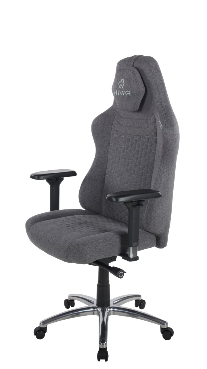 Grauer Gaming-Stuhl mit ergonomischem Design, verstellbaren Armlehnen und stabiler Metallbasis, seitliche Perspektive