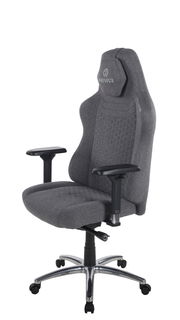 Grauer Gaming-Stuhl mit ergonomischem Design, verstellbaren Armlehnen und stabiler Metallbasis, seitliche Perspektive