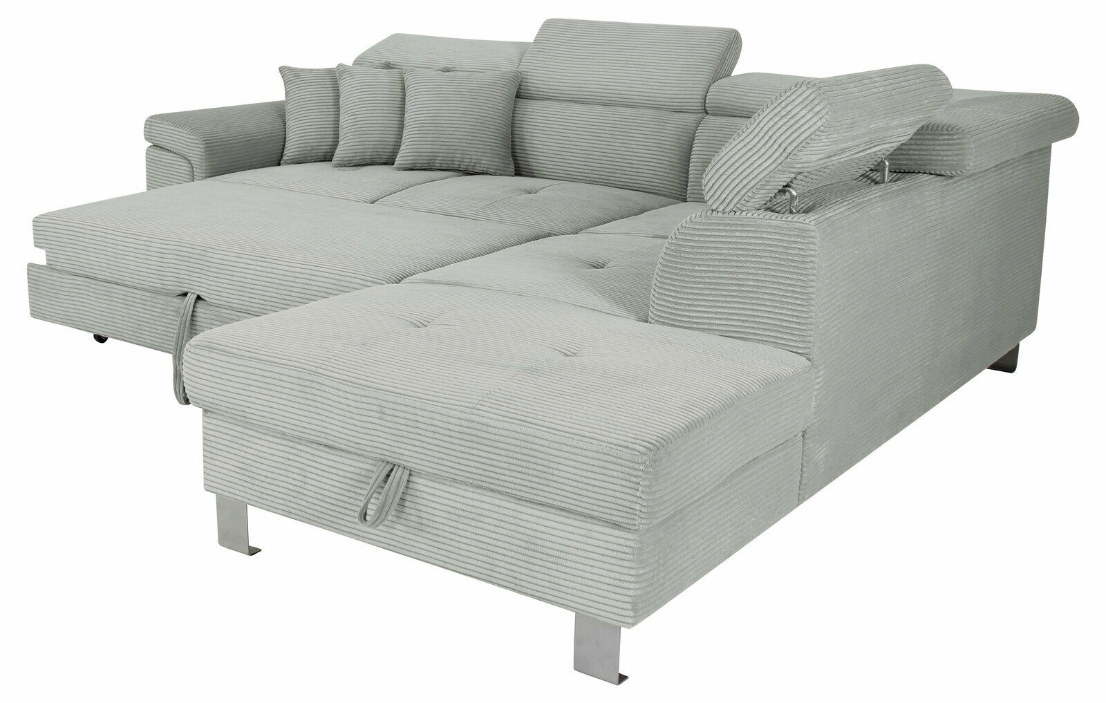 Großes, modernes Ecksofa in hellgrauem Stoff mit verstellbaren Kopfstützen und mehreren Kissen, Perspektive von vorne links.